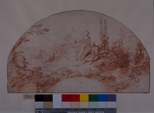 Pastýřka sedící se svým swainem (červená křída na bílém papíře) od Jean Antoine Watteau