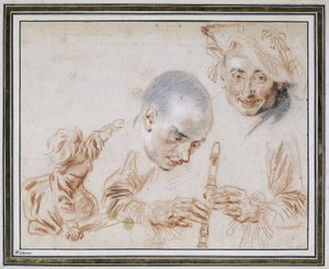 Krčící se dítě, dvě mužské hlavy, jeden s baretem, paže a ruce hráče na zobcovou flétnu od Jean Antoine Watteau
