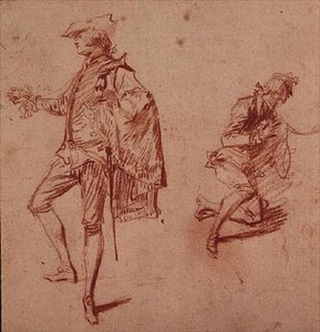 Kresba mladého muže stojícího a dalšího klečícího (pastelový papír) od Jean Antoine Watteau