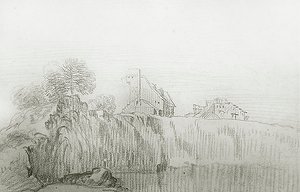 Dům na okraji strmého útesu (červená křída na papíře) od Jean Antoine Watteau