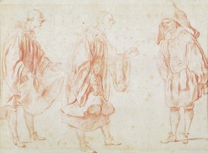 Italští herci (červená křída na papíře) od Jean Antoine Watteau