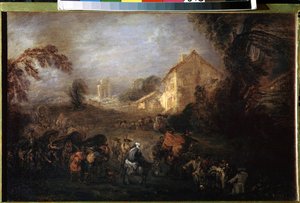 Válečné břemeno. Obraz Jean Antoine Watteau (1684-1721). Olej na mědi, 21,5 x 33,5 cm, cca 1713. Francouzské umění, rokokové umění. Muzeum Ermitáž, Petrohrad. od Jean Antoine Watteau