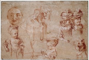 Pierrotova maska, pět dívek v poprsí, mužská rouška a ženská tvář. Kresba živého plotu z krve a křídy od Jean Antoine Watteau (1684-1721) Slunce 18. století. 0,27x0,4 m Paříž, Musee du Louvre od Jean Antoine Watteau