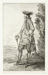 Stojící muž s kloboukem, tváří doleva, z knihy Figures de Modes od Jean Antoine Watteau