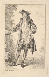 Stojící muž s pravou rukou položenou na umyvadle, zobrazen ve tříčtvrtinovém pohledu s..., ca. 1710. od Jean Antoine Watteau