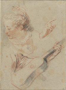 Studijní list se sklopenou dívčí hlavou, kytarou a rukama, které na ně hrají od Jean Antoine Watteau