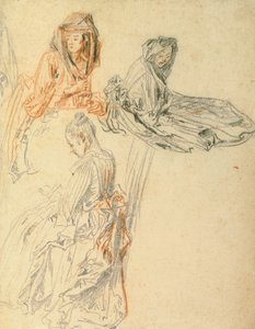 Studie tří sedících žen, cca 1716-18 (křída na papíře) od Jean Antoine Watteau