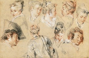 Studie hlav, Jean-Antoine Watteau (1684-1721), kresba od Jean Antoine Watteau