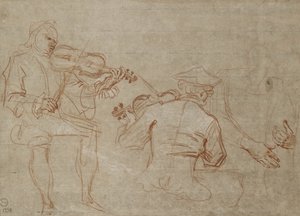 Studie dvou houslistů a páru rukou, kteří drží paži (červené a bílé křídy na papíře) od Jean Antoine Watteau