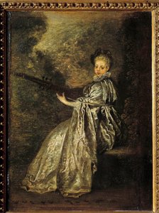 Finette dívka hrající na strunný hudební nástroj. Obraz Jean Antoine Watteau (1684-1721) 18. století Sun. 0,25 x 0,19 m od Jean Antoine Watteau
