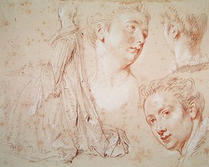 Tři hlavy a sedící žena, cca 1716 (pastel s černou a červenou křídou na papíře) od Jean Antoine Watteau
