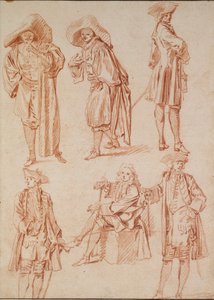 Dvě studie doktora v italské komedii a čtyři důstojníci, 18. století od Jean Antoine Watteau