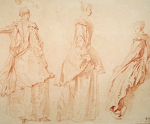 Tři ženy, jedna sedící vpravo (červená křída na papíře) od Jean Antoine Watteau