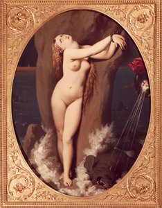 Angelica spoutaná řetězem od Jean Auguste Dominique Ingres (1780-1867), olej na plátně, 97x75 cm, První verze Ruggiera zachraňujícího Angeliku od Jean Auguste Dominique Ingres