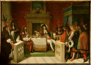 Ludvík XIV. a Moliere: Král Ludvík XIV. (1638-1715) a Jean Baptiste Poquelin dit Moliere (1622-1673) u stolu před dvořany. Obraz Jean Auguste Dominique Ingres (1780-1867) od Jean Auguste Dominique Ingres
