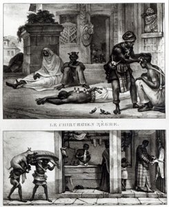 Černý chirurg; Prodejna prodavače vepřového masa (litho) (černobílá fotografie)