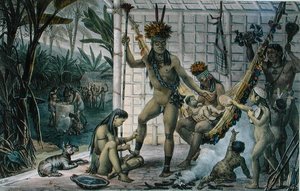 Rodina indiánského náčelníka Camacan se připravuje na festival, ilustrace z „Voyage Pittoresque et Historique au Bresil“, od Jean-Baptise Debreta (1768-1848), vydaného v Paříži