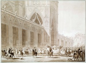 Příjezd v kočáru císaře Napoleona I. (1769-1821) a imprese Josephine de Beauharnais (1763-1814) do katedrály Notre Dame de Paris v Den posvátného tisku po „Knize posvátné“ od Jean Baptiste Isabey ( 1767-1855) 19. století