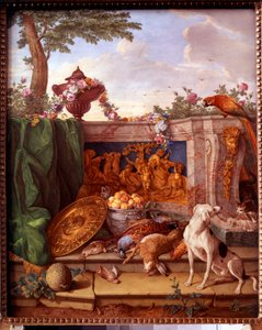 Plaketa zobrazující hony Ludvíka XVI. (1754-1793): detail představující zvěř na chov psů. Malba na porcelánu Philippe Castel (asi 1746-1797) Jean Baptiste Oudry (1686-1755) 1778-1781 Sun. 0,39x0,49 m Versailles, musee du chateau.
