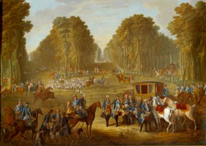 Deska zobrazující lov Ludvíka XVI.: setkání na křižovatce studny du Roi v lese Compiegne. Malba na měkkém porcelánu Nicolas Pierre Pithou l