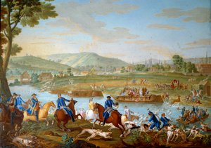 Plaketa představující hony Ludvíka XVI.: jelen míjí Oise od pobřeží Royallieu na dohled od města Compiegne. Malba na měkkém porcelánu Nicolas Pierre Pithou l