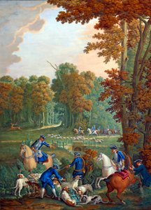 Plaketa představující hony Ludvíka XVI.: štafeta na křižovatce Embrassade v lese Compiegne““ nebo „“komorník oddělující starou smečku“““. Porcelánový obraz od Charlese Etienna Leguaye (1762-1846) od Jeana Baptista Oudryho (1686-1755). Vyrobeno