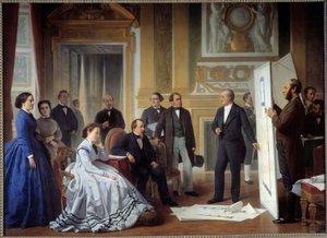 Architekt Louis Visconti (1791-1853) předkládá Napoleonovi III plán nového Louvre Obraz Ange Tissier (1814-1876) 1865, olej na plátně