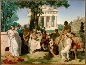 Homere, řecký básník 9. století před naším letopočtem. Obraz Jean-Baptiste Auguste Leloir (1809-1892) z roku 1841 (147x195 cm). .