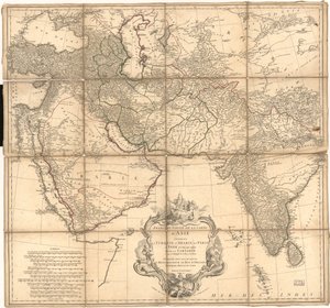 Reliéf zobrazený šrámy a obrazově. Kopie LC označená inkoustem pro zobrazení hranic. Dostupné také prostřednictvím webové stránky Library of Congress jako rastrový obrázek od Jean-Baptiste Bourguignon dAnville