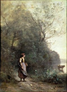 Rolnice pasoucí krávu na okraji lesa, cca 1865-70 od Jean Baptiste Camille Corot