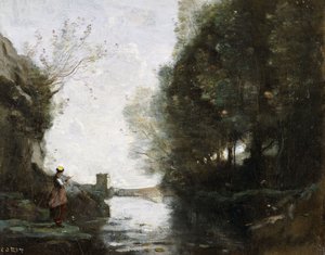 Řeka se čtvercovou věží a farmářem v popředí, c.1865-70 od Jean Baptiste Camille Corot