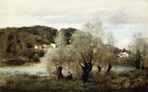 Rybář na okraji rybníka ve vesnici Avary; Pecheur au Bord de L"Etang a Ville d"Avray, kolem 1850-55 od Jean Baptiste Camille Corot