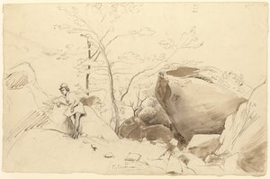 Fontainebleau, postava opřená o skálu od Jean Baptiste Camille Corot