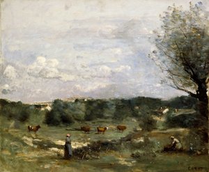 Louka s krávami, vrba vpravo a vzdálená vesnice, od Jean Baptiste Camille Corot