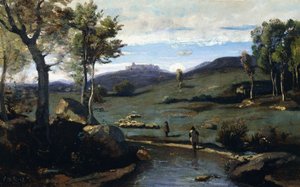 Römische Landschaft - Felsiges Tal mit einer Schweineherde, 1843 von Jean Baptiste Camille Corot