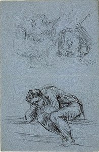 Sedící postava s hlavou v rukou a dvě karikatury (recto); čtyři postavy v lunetě (verso) od Jean-Baptiste Carpeaux