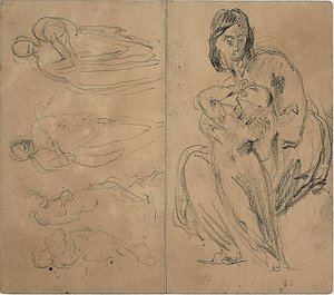 Náčrtky: Čtyři postavy a sedící matka s dítětem (recto); sedící matka s dítětem (verso) od Jean-Baptiste Carpeaux