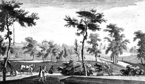 Pohled z řeckého chrámu na sloup lorda Cobhama, Stowe House Gardens, vyrytý George Bickham, 1753