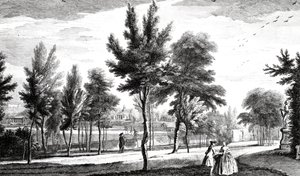 Pohled na Elysian Fields z Spring of Helicon, Stowe House Gardens, vyryl George Bickham, 1753