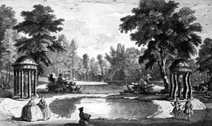 Pohled na jeskyni a dva chrámy mušlí, Stowe House Gardens, vyryl George Bickham, 1753
