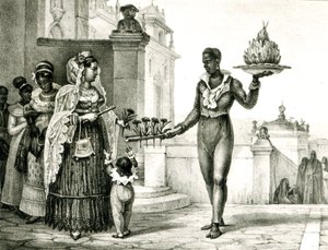 Prodejce květin za dveřmi kostela z „Voyage Pittoresque et Historique au Bresil“, od Jean Baptiste Debret