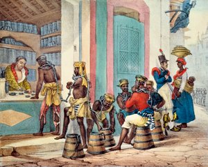 Spoutaní otroci nakupující tabák v obchodě s tabákem v Rio de Janeiru, 1835