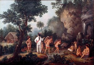 Otroctví; ""lov na otroky""" Indické rodiny (z Brazílie?) jsou zajaty obchodníky s otroky. Obraz Jean Baptiste Debret (1768-1848). Olej na plátně. Muzeum Sao Paulo, Brazílie.