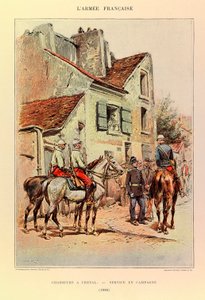 Druhy a uniformy francouzské Armee kapitána Jules Richard, ilustrovaný Edouard Detaille (1848-1912): Lovci koňského hřbetu; Polní služba v roce 1886, soukromá sbírka od Jean Baptiste Edouard Detaille