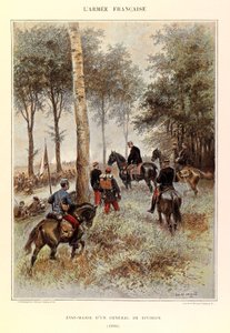 Typy a uniformy francouzské armády kapitána Julese Richarda, ilustrované Edouardem Detaillem (1848-1912): štáb divizního generála v roce 1884, soukromá sbírka od Jean Baptiste Edouard Detaille