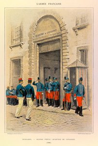 Typy a uniformy francouzské armády kapitána Julese Richarda, ilustrované Edouardem Detaillem (1848-1912): Hussards in Great Dress; Cavalry District v roce 1886, Soukromá sbírka od Jean Baptiste Edouard Detaille
