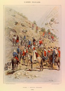 Typy a uniformy francouzské armády kapitána Julese Richarda, ilustrované Edouardem Detaillem (1848-1912): Spahis; Eskortní četa v roce 1886, soukromá sbírka od Jean Baptiste Edouard Detaille