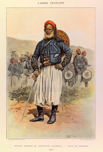 Typy a uniformy francouzské armády kapitána Julese Richarda, ilustrované Edouardem Detaillem (1848-1912): Domorodý důstojník alžírských tuniorů v polních šatech v roce 1886, soukromá sbírka od Jean Baptiste Edouard Detaille