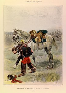 Typy a uniformy francouzské armády kapitána Julese Richarda, ilustrované Edouardem Detaillem (1848-1912): Trumpet of Dragons in Country Dress in 1885, Private Collection od Jean Baptiste Edouard Detaille