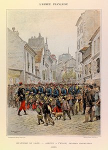 Typy a uniformy francouzské armády kapitána Julese Richarda, ilustrované Edouardem Detaillem (1848-1912): Řádová pěchota: Příjezd na jeviště během velkých manévrů v roce 1885, Soukromá sbírka od Jean Baptiste Edouard Detaille